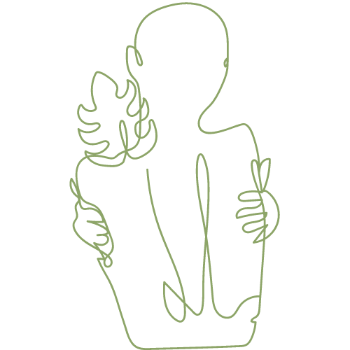 Digital art of a person hugging themself with a monstera leaf on their shoulder.