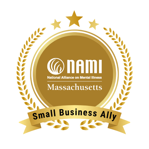 Golden seal Indicating that Mental Houseplants is an official NAMI Massachusetts Small Business Ally Partner.